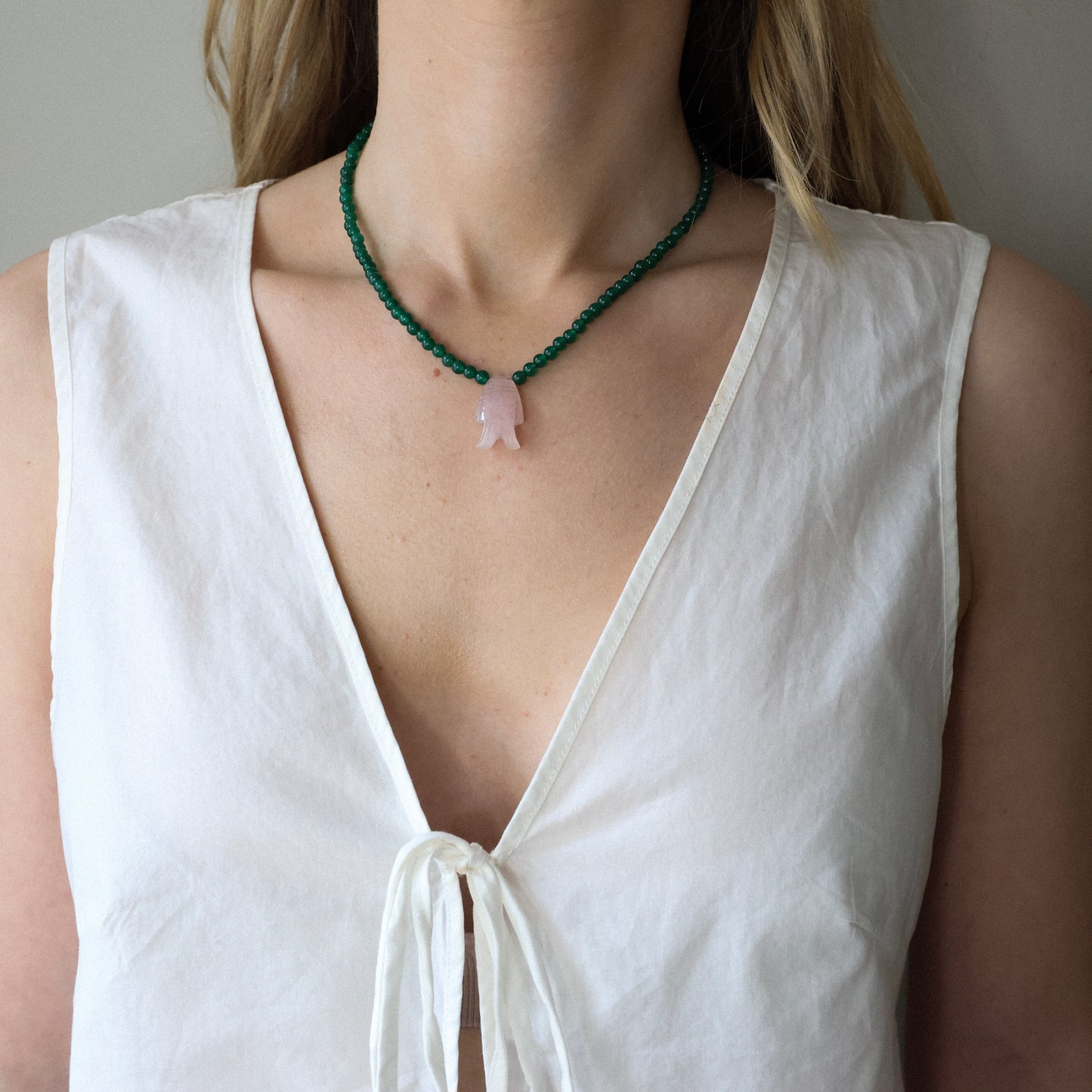 Rose Quartz Fish Necklace with Green Onyx Gemstones
