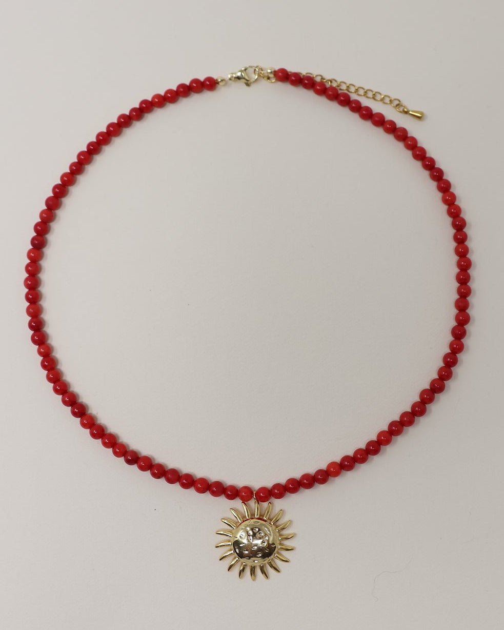 Sun Charm Beaded Necklace - Red