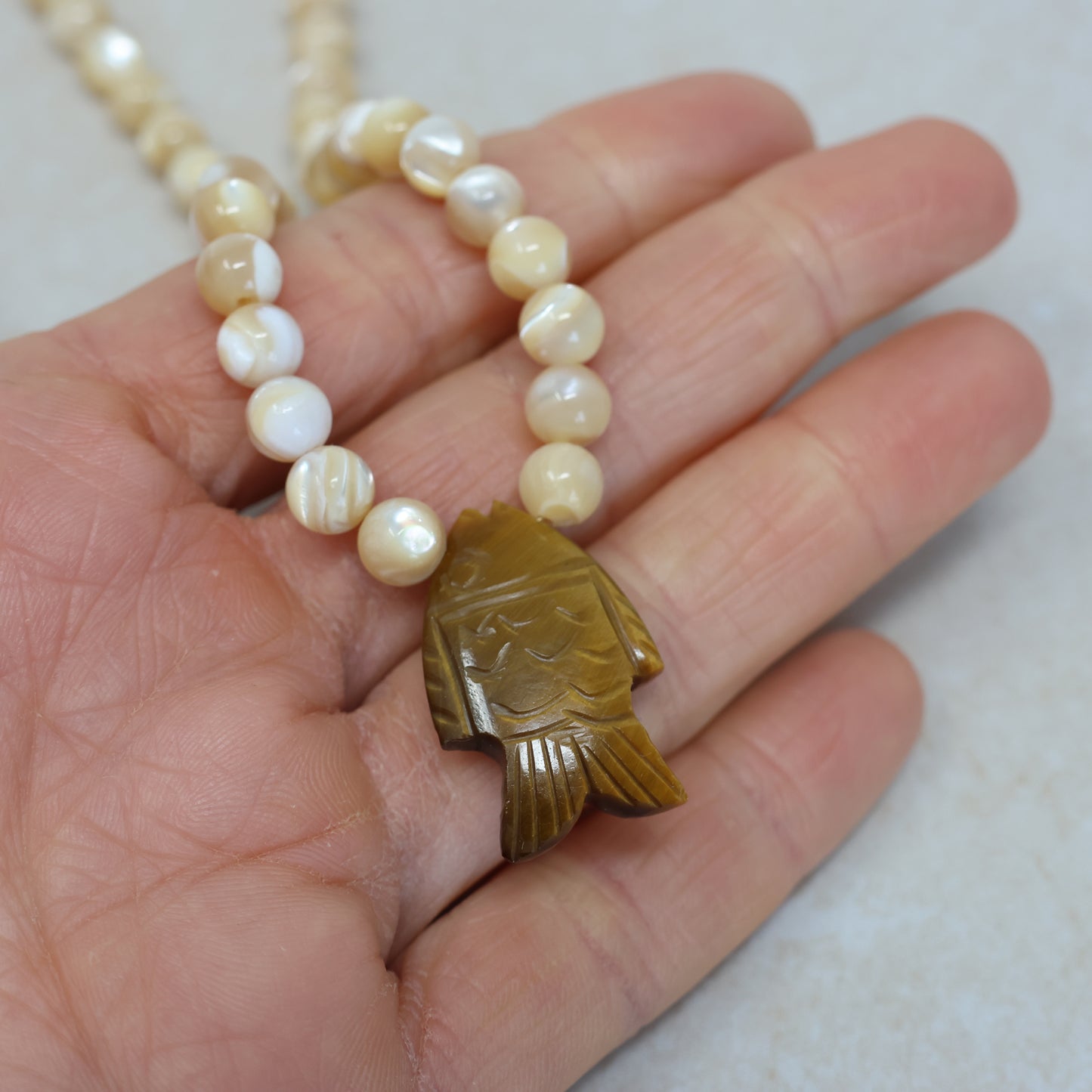 Tigers Eye Fish Necklace with Mother of Pearl Gemstones