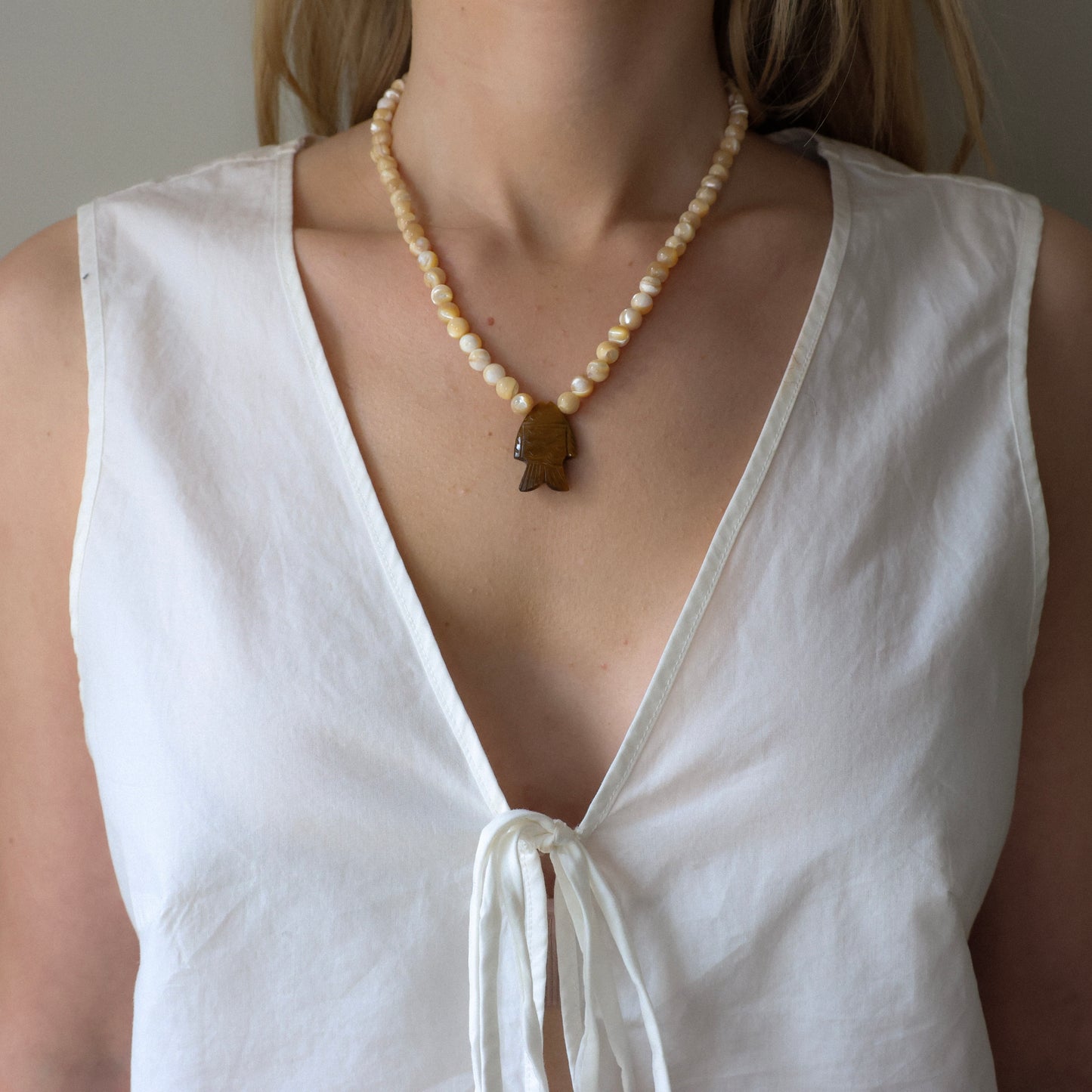 Tigers Eye Fish Necklace with Mother of Pearl Gemstones