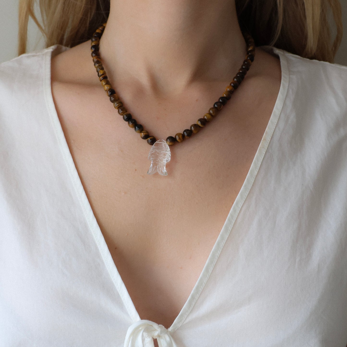 Clear Quartz Fish Necklace Tigers Eye Gemstones