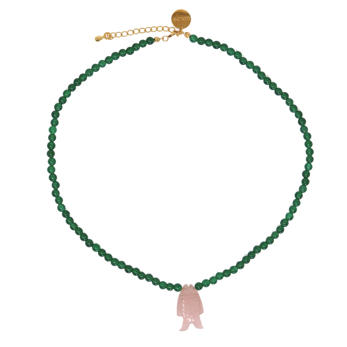 Rose Quartz Fish Necklace with Green Onyx Gemstones
