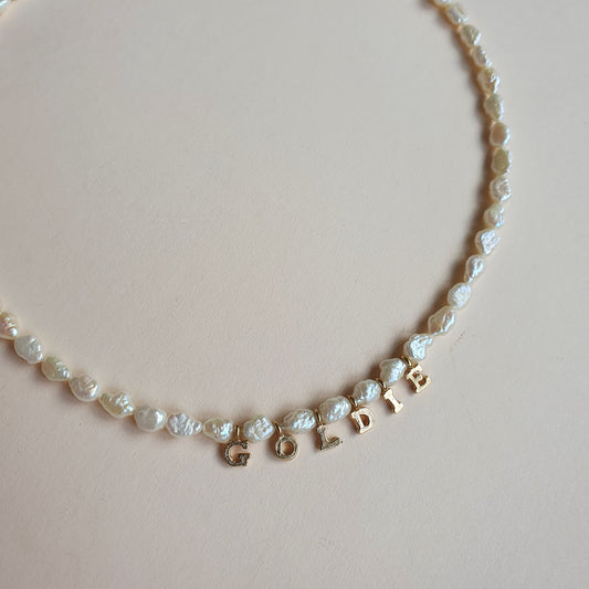 Gold Mermaid Pearl Name Necklace