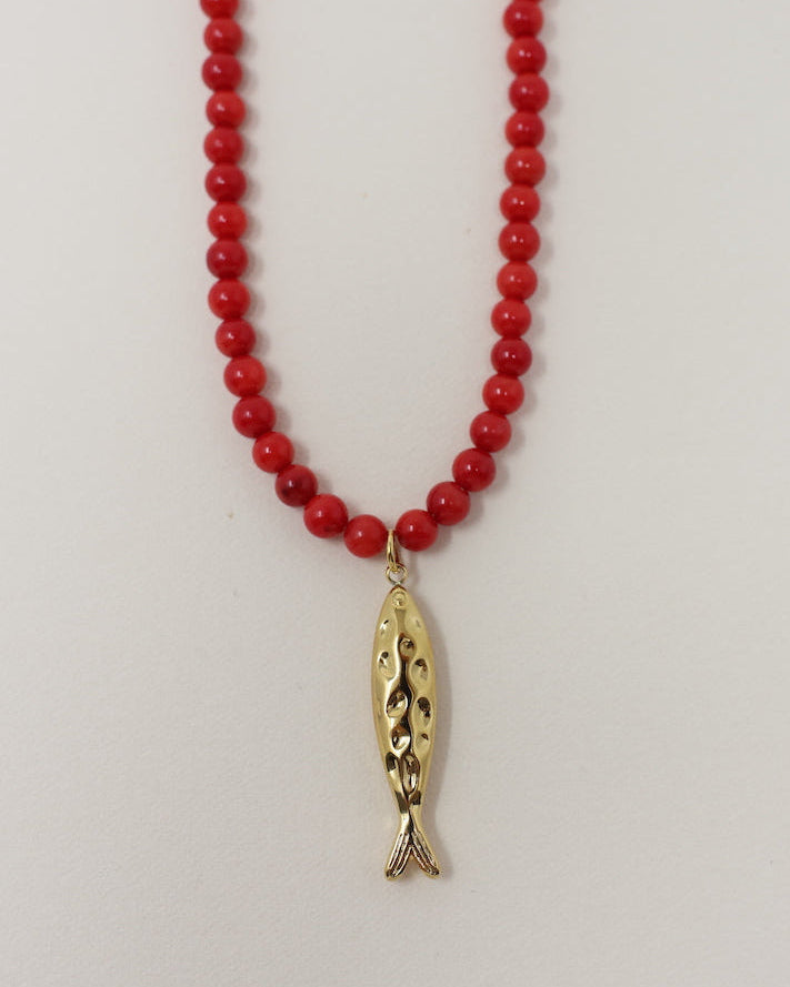 Fish Charm Beaded Necklace - Red