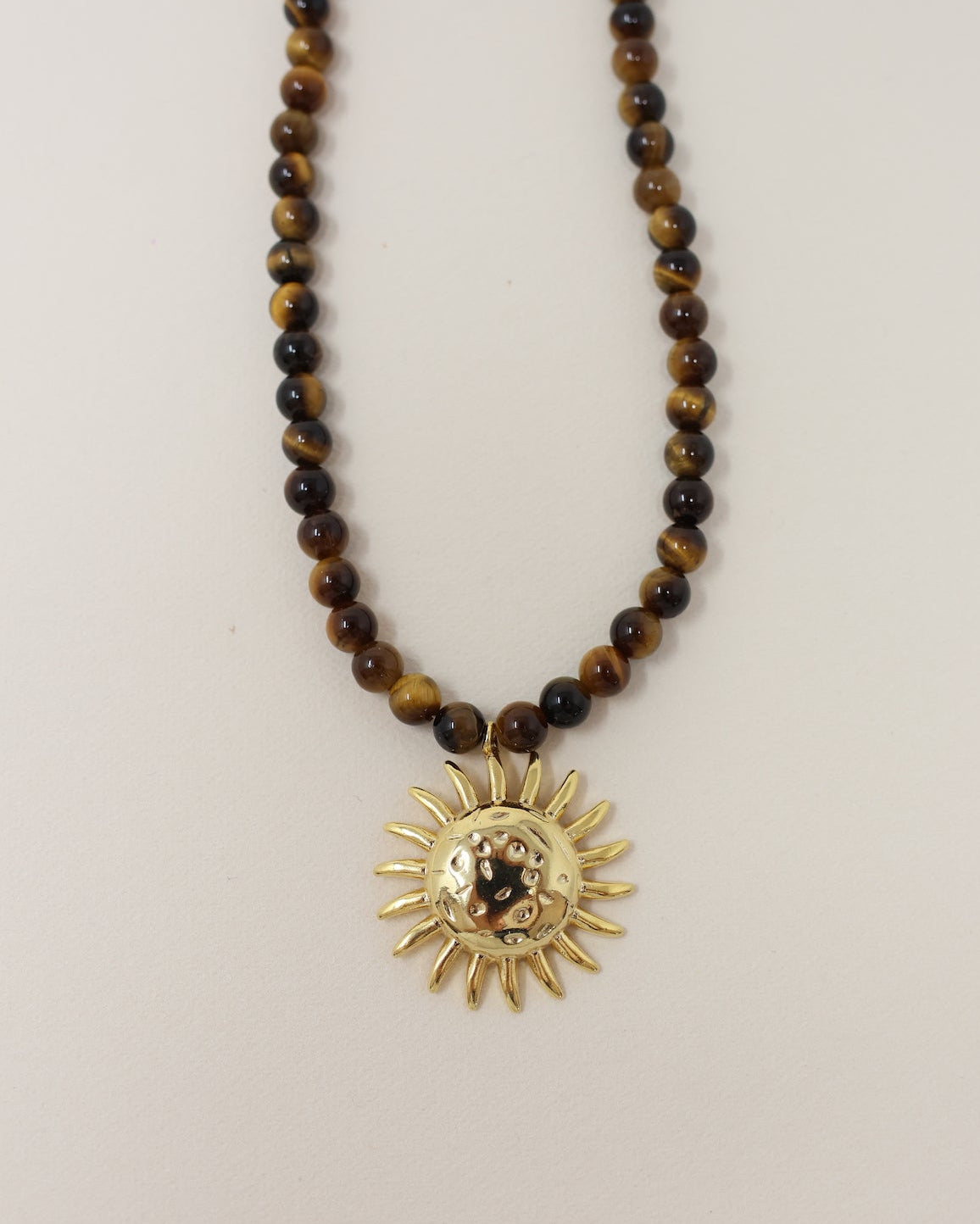 Sun Charm Beaded Necklace - Tigers Eye