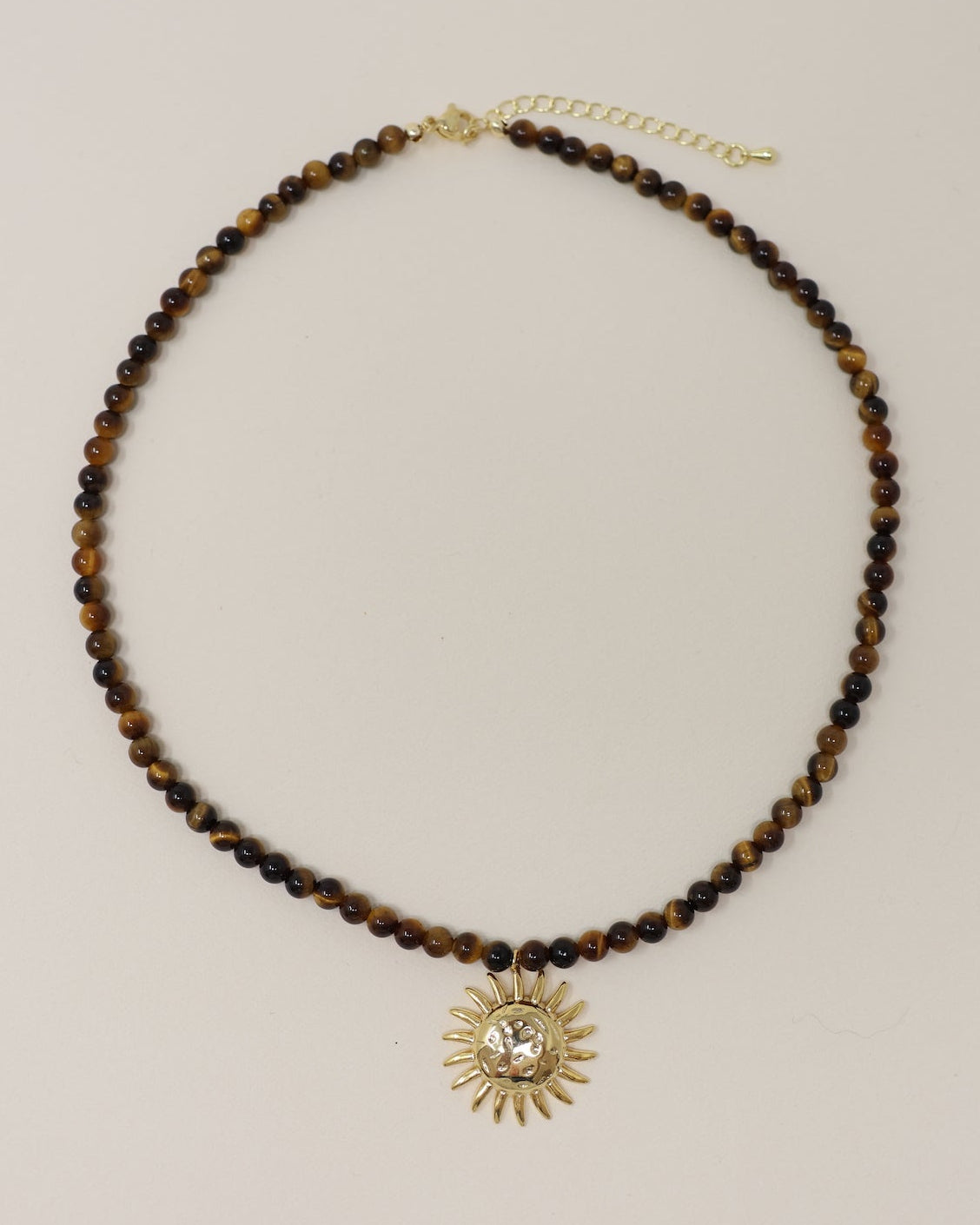 Sun Charm Beaded Necklace - Tigers Eye
