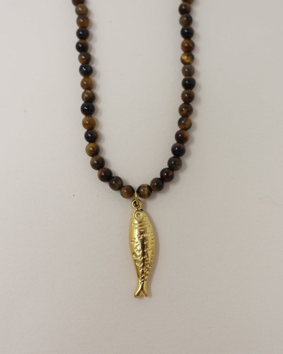 Fish Charm Beaded Necklace - Tigers Eye