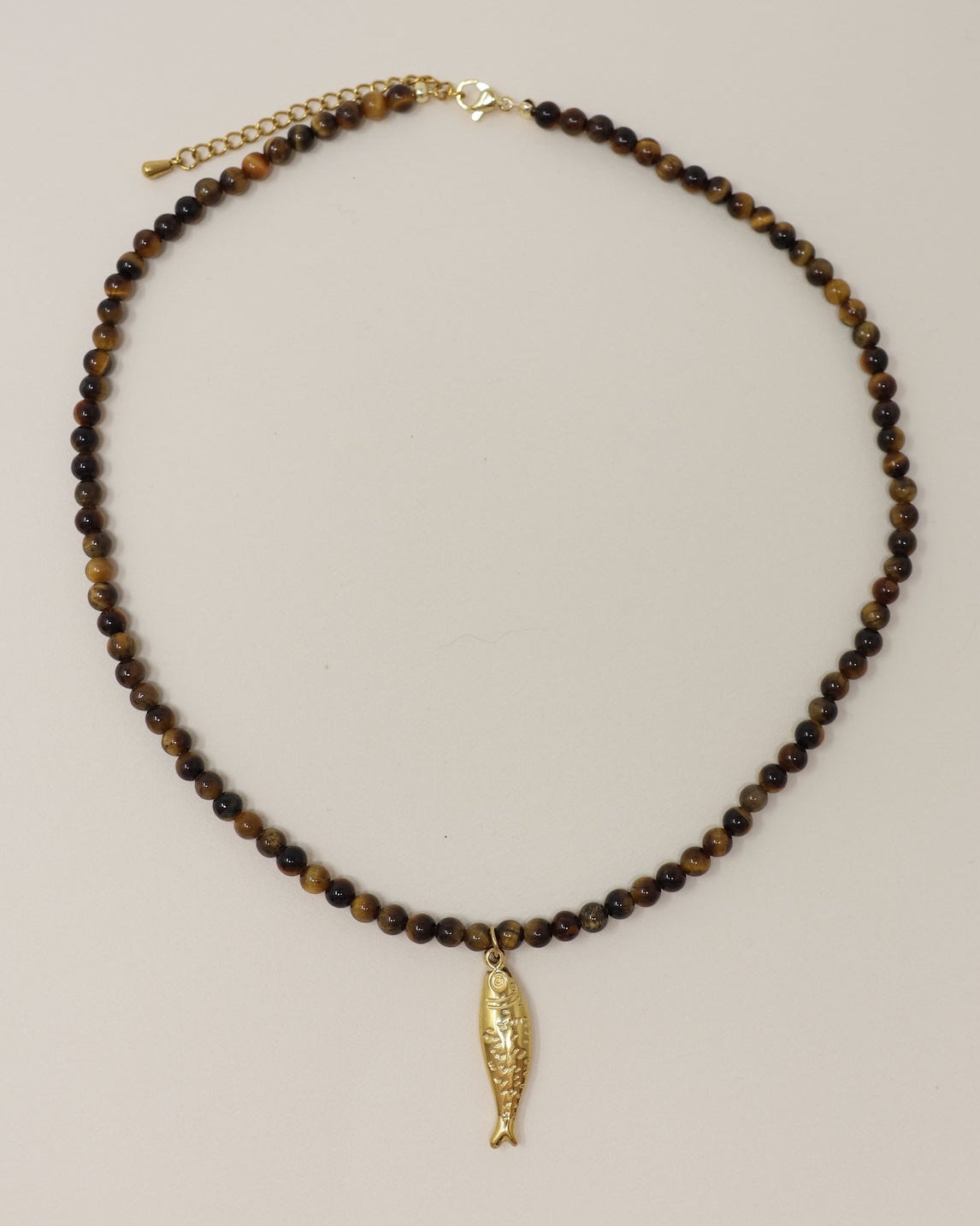 Fish Charm Beaded Necklace - Tigers Eye
