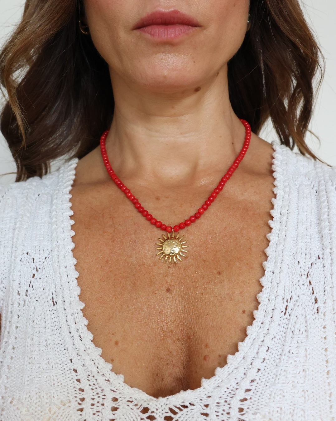 Sun Charm Beaded Necklace - Red
