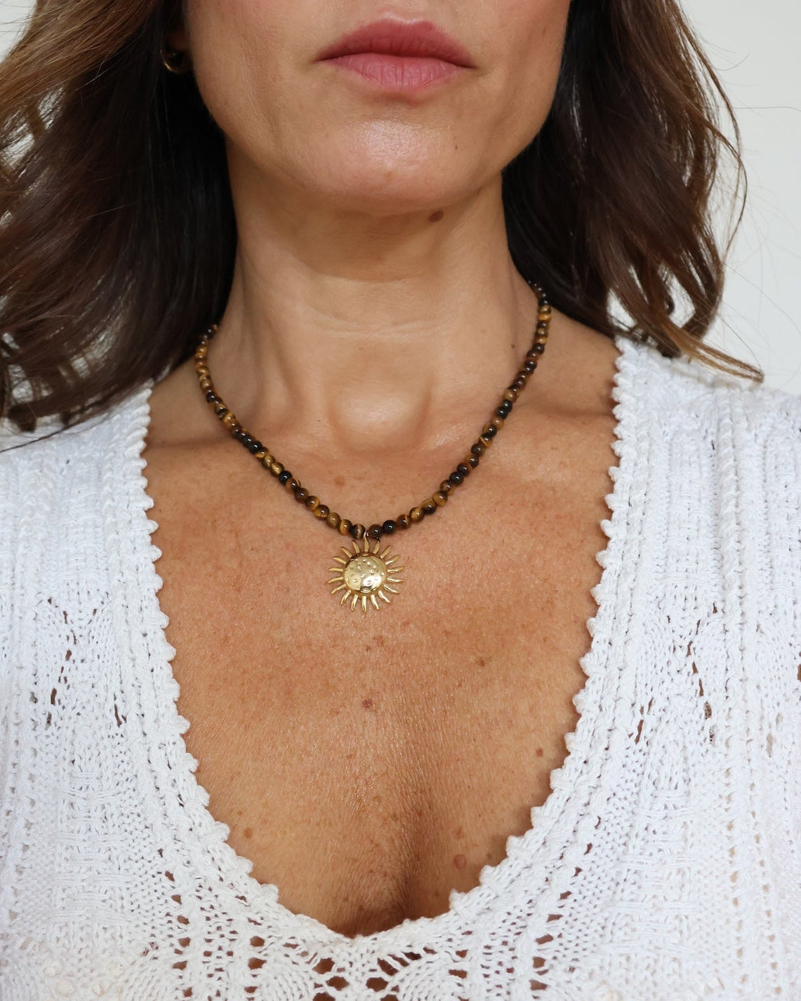 Sun Charm Beaded Necklace - Tigers Eye