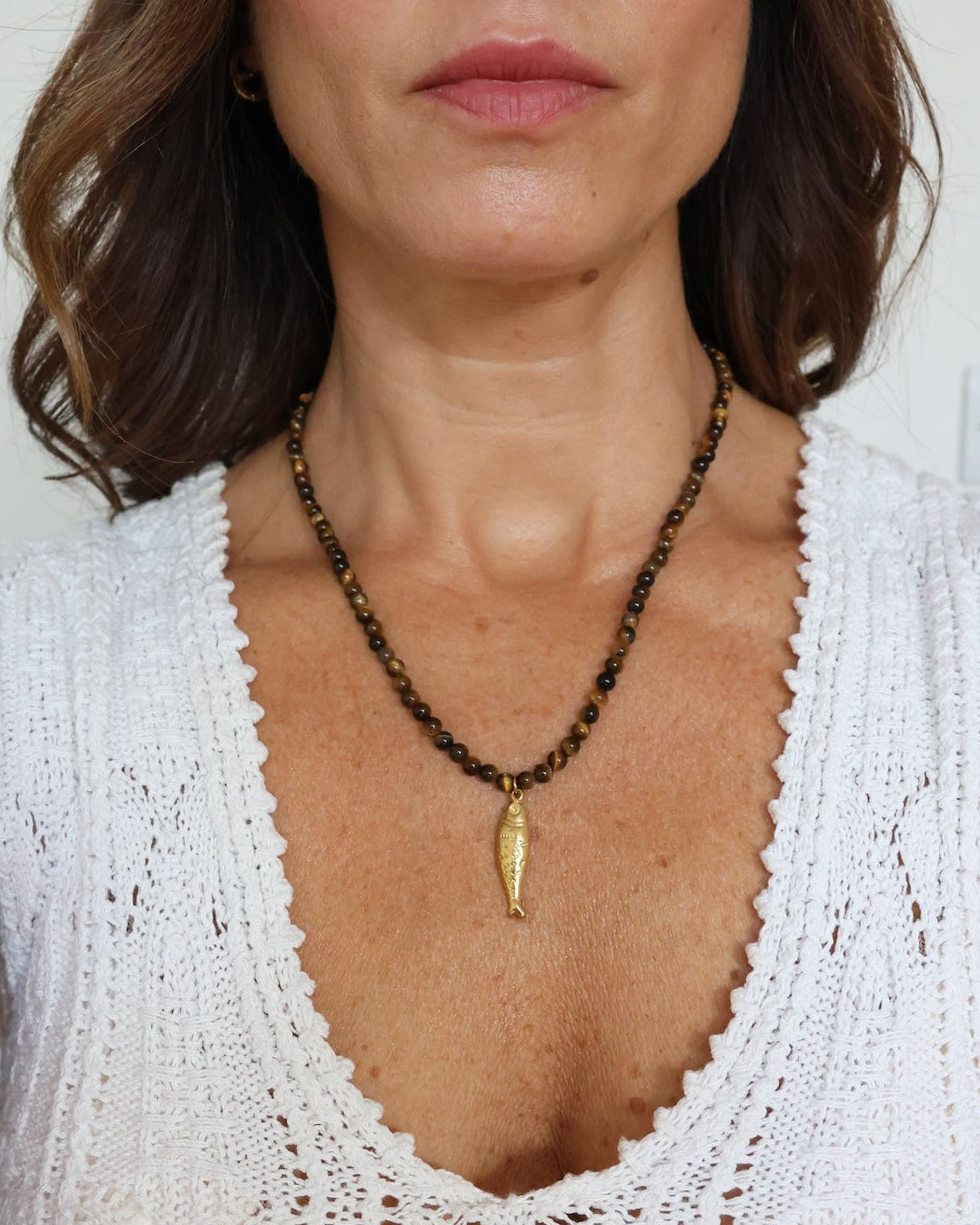 Fish Charm Beaded Necklace - Tigers Eye