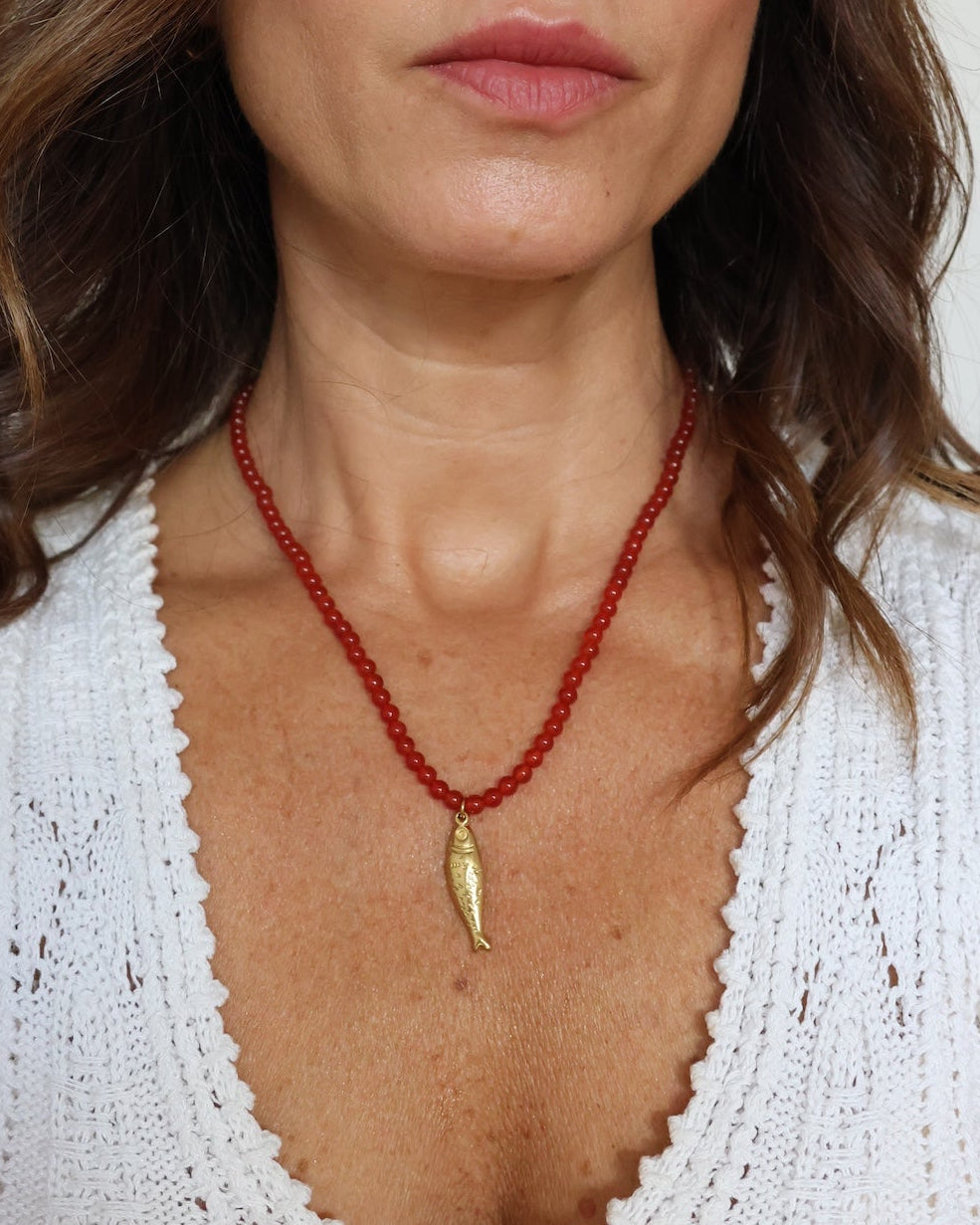 Fish Charm Beaded Necklace - Carnelian