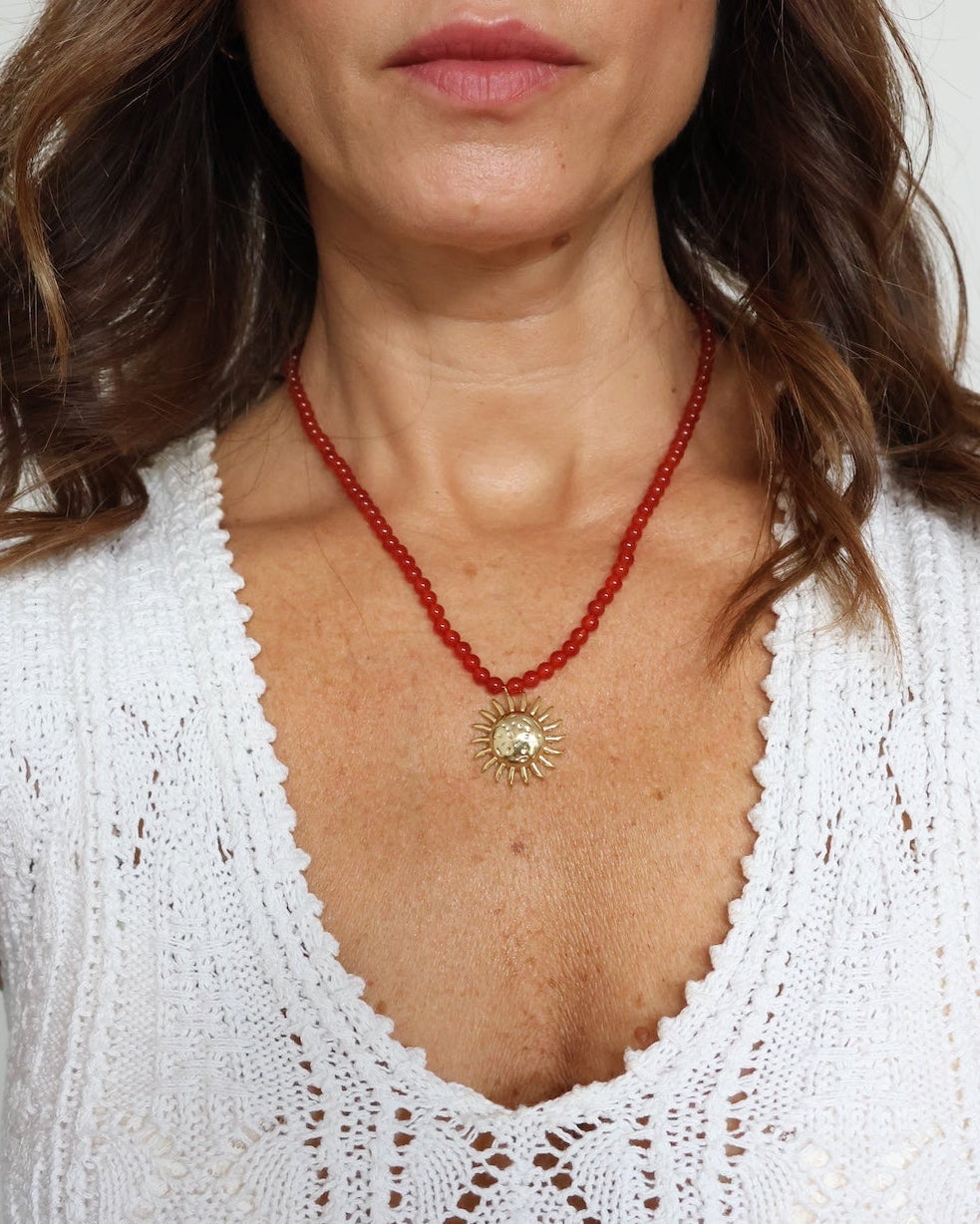 Sun Charm Beaded Necklace - Carnelian