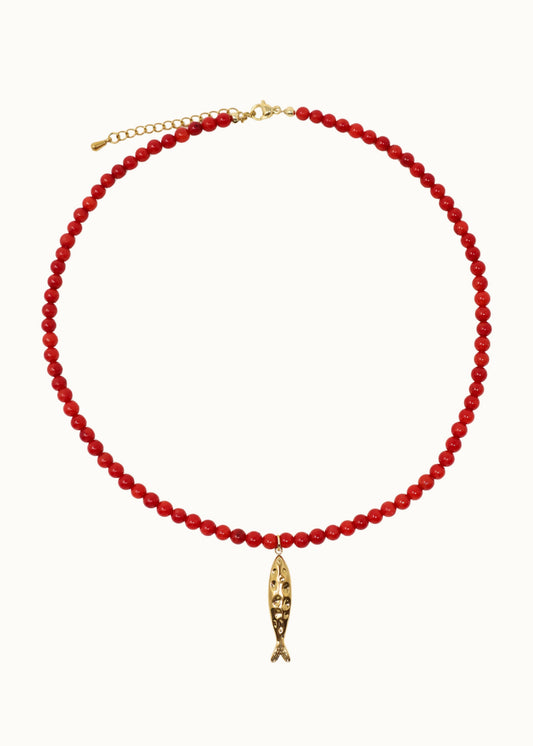 Fish Charm Beaded Necklace - Red