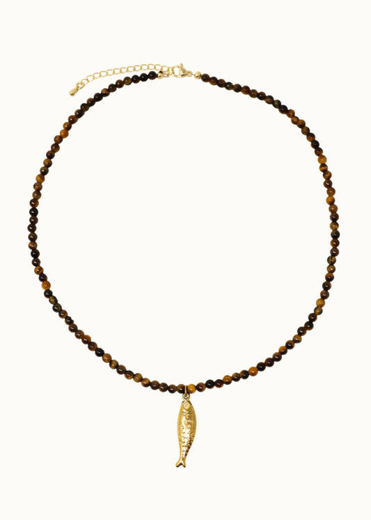 Fish Charm Beaded Necklace - Tigers Eye