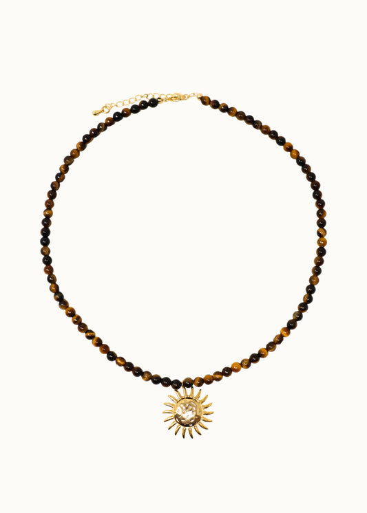 Sun Charm Beaded Necklace - Tigers Eye