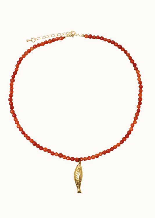 Fish Charm Beaded Necklace - Carnelian